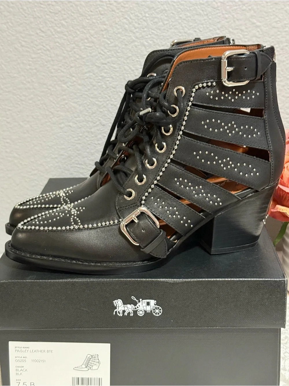 Coach Paisley Black Stud Lace up Leather Heel Boots size 7.5 NEW Rocker Concert